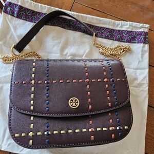 Tory Burch Dark Brown Crossbody Bag with Colorful Stitching